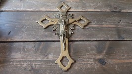 Old Antique Brass Crucifix 11.75&quot; Some Green Marks See Pictures - $77.61