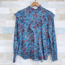 LOFT Bouquet Ruffle Yoke Shirt Blue Pink Paisley Smocked Casual Womens Large - $34.64