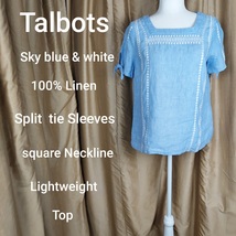Talbots sky blue &amp; White 100% Linen square neckline split tie short Sleeves top  - £15.18 GBP