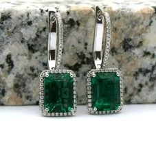 5Ct Lab-Created Green Emerald Halo Drop &amp; Dangle Earrings 14K White Gold Plated - £102.92 GBP