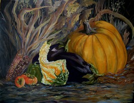 Still Life Pumpkin Persimmon Eggplant Original Oil Painting By Irene Liv... - $550.00