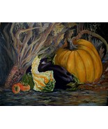 Still Life Pumpkin Persimmon Eggplant Original Oil Painting By Irene Livermore  - $550.00