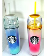 Starbucks 2 Tumbler Acrylic Pink &amp; Blue PRSM GLD 16 oz MIC 2014 With SKU... - $210.00