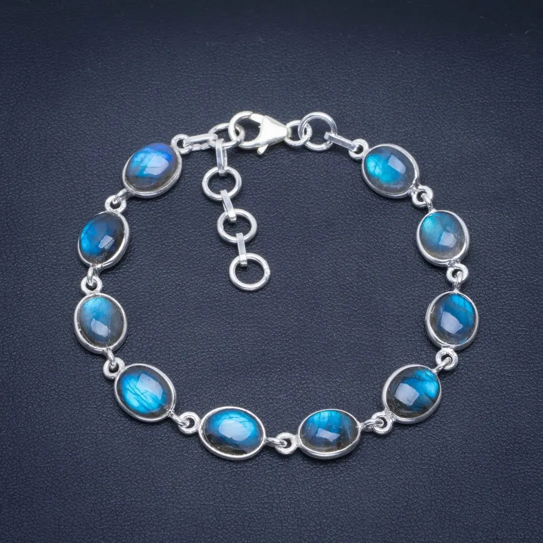 Natural Blue Fire Labradorite Handmade 925 Sterling Silver Bracelet 7-8&quot; B4359 - £75.35 GBP