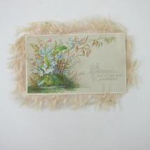 Victorian Christmas &amp; New Years Card Ivory Fringe Blue &amp; Pink Flowers An... - £7.82 GBP