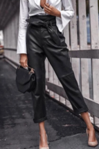 Pantalon en cuir noir pour femme en cuir d&#39;agneau pur taille haute sur... - £104.37 GBP