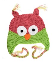 NWT Owl Baby Girls Hot Pink &amp; Green Chrochet Hat 6-12 Months - £4.78 GBP