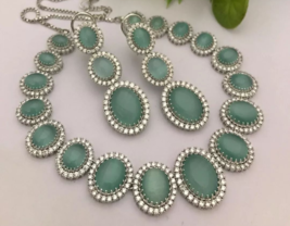Indian 925 Sterling Silver Plated Sea Green CZ Choker Necklace Jewelry Set - £143.03 GBP