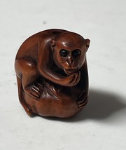 Vintage Japanese Wooden Netsuke Carved Monkey Signed Toggle Inro Med Woo... - $75.00