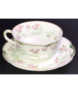 Haviland Limoges Pink Lillies Green Flare Gold Gilt Tea Cup &amp; Saucer Mayer - $36.21