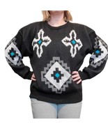 Vintage 90s Mens Black Aztec Southwest Crewneck Sweater Acrylic Sz Large - $48.37