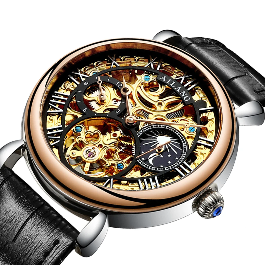  Classic Moon Phase Men Steampunk Automatic Mechanical Watch  Skeleton Vintage T - £68.01 GBP