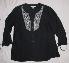 JM COLLECTION black 100% LINEN 3/4 sleeve Embroidered ButtonTop sz 10  EUC - £7.18 GBP