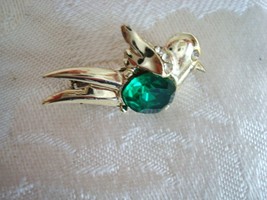 Small Vintage Gold-tone Bird Pin ~ Brooch ~ Green ~ Clear Rh - $5.00