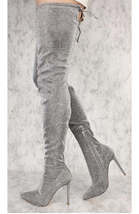 Stiletto Heeled Grey Thigh High LaceUp Boots - $158.00