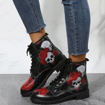 Halloween Shoes Rose Flower Print Lace-up Ankle Boots Women - £83.58 GBP