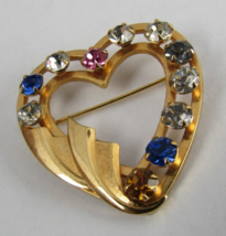 Vintage Brooch Pin signed 1/20 12k GOLD filled yellow Crystals Heart CAT... - $13.00
