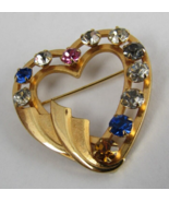 Vintage Brooch Pin signed 1/20 12k GOLD filled yellow Crystals Heart CAT... - $13.89