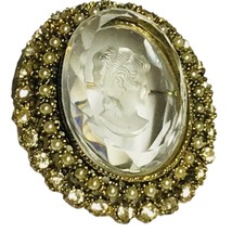 XX-LARGE VINTAGE STYLE RHINESTONE BUTTON~ CLEAR Engraved CAMEO~FAUX PEARLS - £39.86 GBP