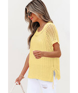 Yellow Cream Hollow-out Crochet Side Tied Short Sleeve Sweater - $22.83 CAD