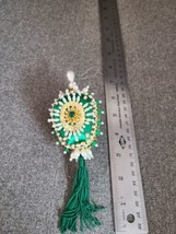 Handmade Green Gold &amp; White Push Pin Beaded Christmas Ornament Crystals w Tassel - £9.34 GBP
