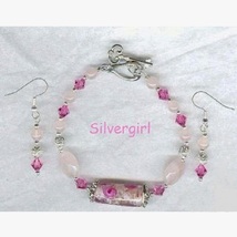 Rose Quartz Crystal Lampwork Silver Bracelet and Earring Set - $19.99