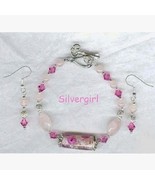 Rose Quartz Crystal Lampwork Silver Bracelet and Earring Set - £15.71 GBP