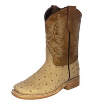 Kids Toddler Sand Ostrich Quill Cowboy Boots Print Leather Square Toe Botas - £43.95 GBP
