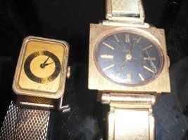2 WIND-UP Timex watch women&#39;s  vintage rectangle BRASS BEZELS  both work... - $27.72