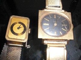 2 WIND-UP Timex watch women&#39;s  vintage rectangle BRASS BEZELS  both work  great - £22.10 GBP