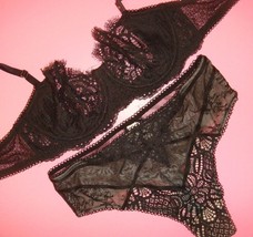 Victoria&#39;s Secret unlined 36C BRA SET+M high-waist thong BLACK beige floral lace - $69.29