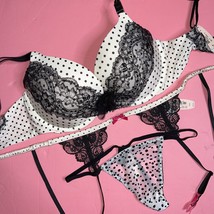 Victoria&#39;s Secret 34DD BRA SET+S thong+garter WHITE Black lace Polka Dot RARE!!! - £94.13 GBP
