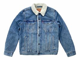 Levis Mens Medium Blue Wash Sherpa Denim Jean Quilted Sleeves Trucker Ja... - €64,26 EUR