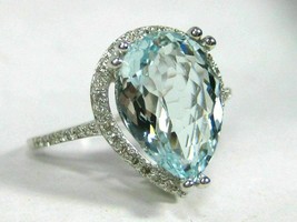 14K White Gold Over 3.20Ct Pear Cut Aquamarine Diamond Halo Engagement Ring - £77.85 GBP