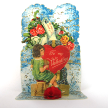 Vintage Valentine Honeycomb 3D Pop Up Die Cut Girl Painter Blue Red Heart Roses - £15.73 GBP
