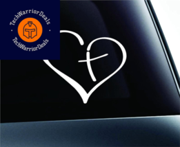 Heart with Cross in Center Decal Sticker Vinyl for Car Auto Christian White  - £13.59 GBP
