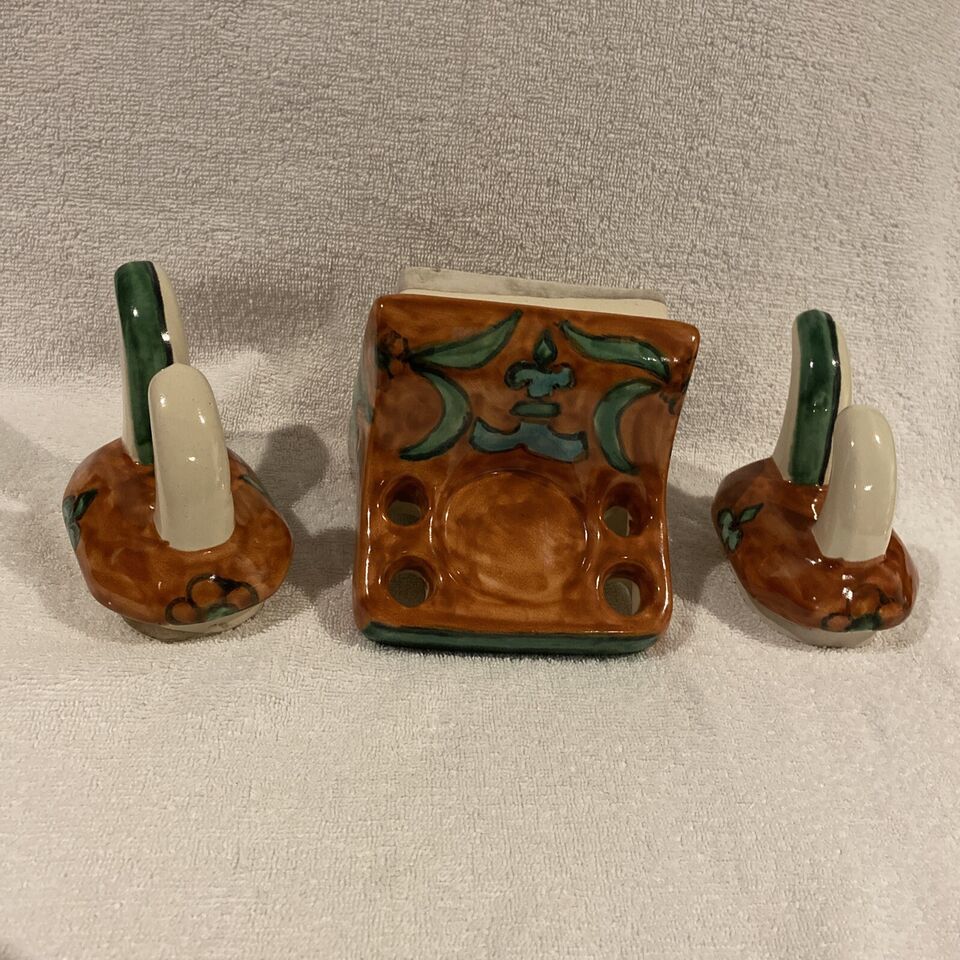 Primary image for Mexican Pottery Wall Tile Mounted Toothbrush Holder & Towel / Robe Hooks SET