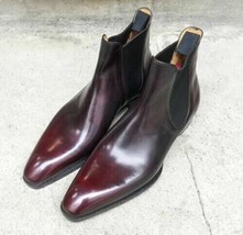 Handmade Men&#39;s Burgundy Leather Chelsea Boots Chiselled Toe Dress Formal... - $180.17+