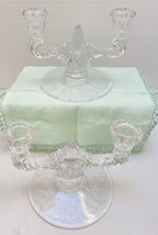 New Martinsville Glass Etched FLOWER BASKET Candlestick Candle Holders Lot of 2 - £19.42 GBP