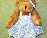 14&quot; VERMONT TEDDY BEAR GIRL JOINTED TAN STUFFED ANIMAL BLUE WHITE FLOWER... - $22.50