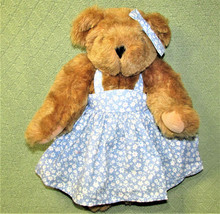 14&quot; Vermont Teddy Bear Girl Jointed Tan Stuffed Animal Blue White Flower Dress - £17.60 GBP