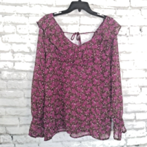 Dip Blouse Womens Large Purple Floral V Neck Long Sleeve Ruffle Sheer Boho - £14.94 GBP