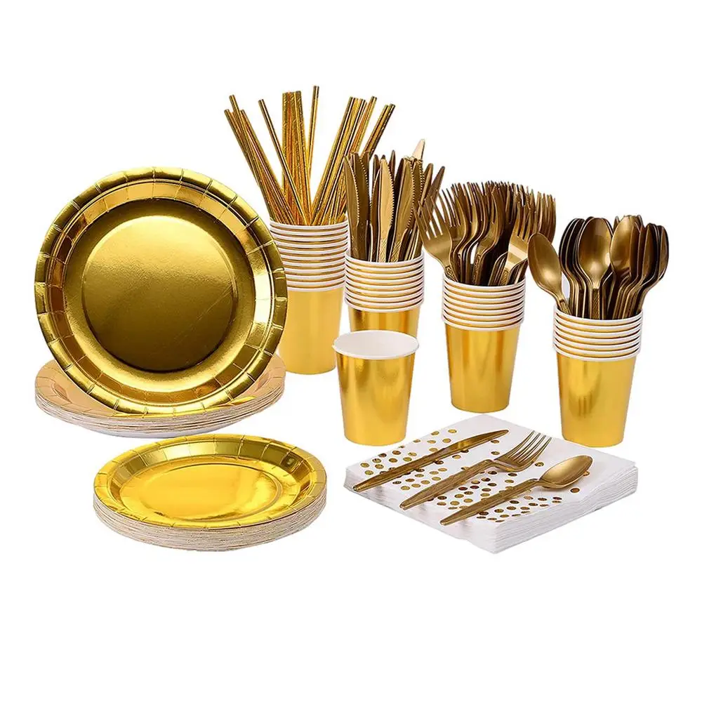 Paper Tableware Set Reception Dinnerware Set  Foil Polka Dot Pattern Pap... - $140.03 CAD