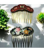 2 Vtg Cloisonne Butterfly Floral Hair Combs Enamel Brass Tone Black Red ... - $52.24