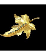 Vintage Gold Tone Leaf Brooch Pin Blue Rhinestones 3 Long by 2 Wide Text... - $29.69