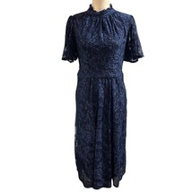 Julia Jordan Womens 6 Lace Overlay Knee Dress Midi Navy Blue High Neck Cocktail - $37.08