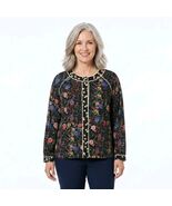 LOGO by Lori Goldstein Black Floral Print Picot Trim Jacket Women’s Size L - $29.90