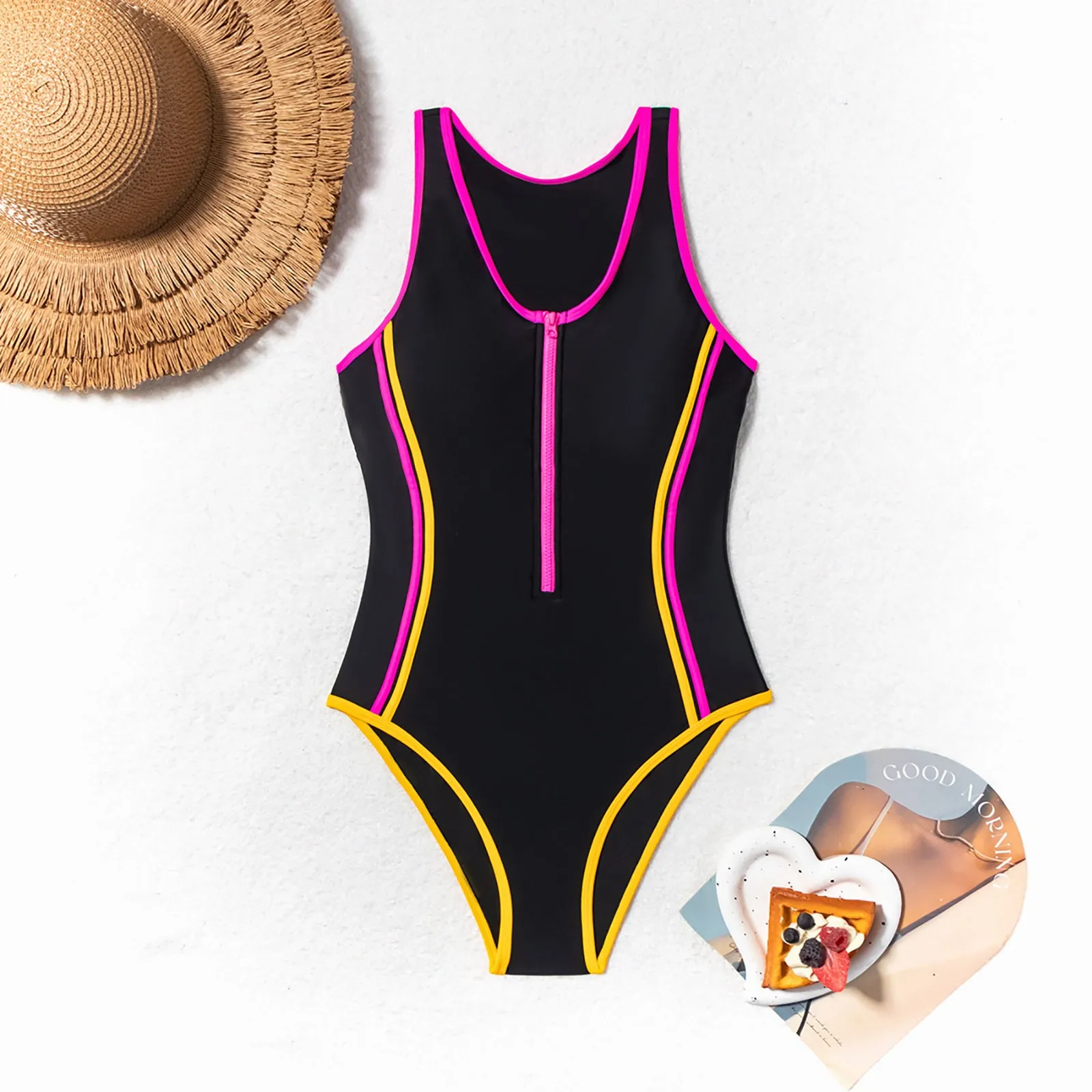 Color Contrast Monokini Bathing Suit, Zipper Vest Bikini 1-Piece Sports ... - $47.52 CAD