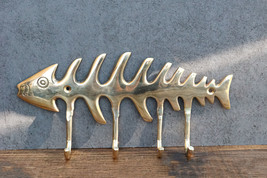 Brass Metal Golden Fishbone Fish Bone Marine Coastal 4 Peg Wall Hooks Plaque - £26.72 GBP