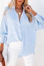 Women&#39;s Sky Blue Smocked Cuffed Striped Boyfriend Shirt with Pocket - £27.65 GBP